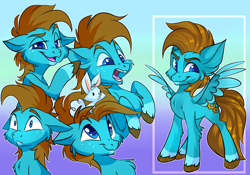 Size: 3600x2520 | Tagged: safe, artist:xvostik, oc, oc only, oc:carbon, pegasus, pony, rabbit, animal, blue eyes, brown mane, closed mouth, coat markings, colored wings, confident, cute, flirting, freckles, full body, happy, high res, male, multicolored wings, open mouth, pegasus oc, raised hoof, raised hooves, scared, smiling, socks (coat markings), solo, spread wings, stallion, surprised, unshorn fetlocks, wings