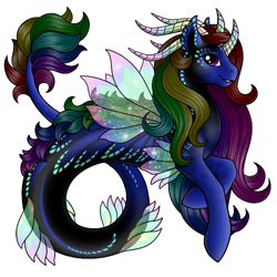 Size: 500x500 | Tagged: safe, artist:iggwilv, oc, oc only, hybrid, merpony, seapony (g4), clothes, dorsal fin, fins, fish tail, flowing tail, horns, open mouth, purple eyes, simple background, smiling, solo, sparkles, tail, white background