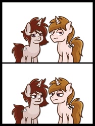 Size: 774x1032 | Tagged: safe, artist:redpalette, oc, oc:healing shield, oc:white shield, pony, unicorn, brother and sister, comic, cute, female, horn, male, mare, meme, siblings, simple background, stallion, unicorn oc, white background