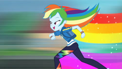 Size: 3410x1920 | Tagged: safe, screencap, rainbow dash, equestria girls, g4, my little pony equestria girls: better together, run to break free, backpack, clothes, cutie mark, cutie mark on clothes, female, geode of super speed, hoodie, jewelry, magical geodes, necklace, open mouth, rainbow trail, running, solo