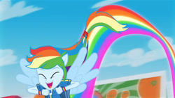 Size: 3410x1920 | Tagged: safe, screencap, rainbow dash, equestria girls, g4, my little pony equestria girls: better together, run to break free, backpack, clothes, cute, cutie mark, cutie mark on clothes, dashabetes, eyes closed, female, geode of super speed, hoodie, jewelry, magical geodes, necklace, open mouth, ponied up, rainbow trail, solo, spread wings, wings