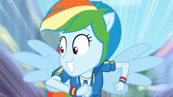 Size: 3410x1920 | Tagged: safe, screencap, rainbow dash, equestria girls, g4, my little pony equestria girls: better together, run to break free, backpack, clothes, cutie mark, cutie mark on clothes, female, geode of super speed, grin, hoodie, jewelry, magical geodes, necklace, ponied up, rainbow trail, smiling, solo, spread wings, wings