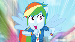 Size: 3410x1920 | Tagged: safe, screencap, rainbow dash, equestria girls, g4, my little pony equestria girls: better together, run to break free, backpack, clothes, cutie mark, cutie mark on clothes, female, geode of super speed, hoodie, jewelry, magical geodes, necklace, open mouth, ponied up, rainbow trail, solo, spread wings, wings