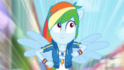 Size: 3410x1920 | Tagged: safe, screencap, rainbow dash, equestria girls, g4, my little pony equestria girls: better together, run to break free, backpack, clothes, cutie mark, cutie mark on clothes, female, geode of super speed, hoodie, jewelry, magical geodes, necklace, ponied up, rainbow trail, smiling, solo, spread wings, wings