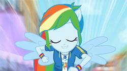 Size: 3410x1920 | Tagged: safe, screencap, rainbow dash, equestria girls, equestria girls series, g4, run to break free, spoiler:eqg series (season 2), backpack, clothes, cutie mark, cutie mark on clothes, eyes closed, female, geode of super speed, hoodie, jewelry, lip bite, magical geodes, necklace, ponied up, rainbow trail, smiling, solo, spread wings, wings