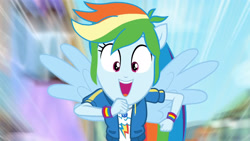 Size: 3410x1920 | Tagged: safe, screencap, rainbow dash, equestria girls, g4, my little pony equestria girls: better together, run to break free, backpack, clothes, cute, cutie mark, cutie mark on clothes, dashabetes, female, geode of super speed, hoodie, jewelry, magical geodes, necklace, open mouth, ponied up, rainbow trail, solo, spread wings, wings