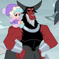 Size: 700x700 | Tagged: safe, screencap, cozy glow, lord tirek, centaur, pegasus, pony, taur, frenemies (episode), g4, clothes, cropped, duo, female, male, winter outfit