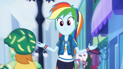 Size: 3410x1920 | Tagged: safe, screencap, fleur-de-lis, ginger owlseye, rainbow dash, equestria girls, equestria girls series, g4, run to break free, spoiler:eqg series (season 2), backpack, clothes, cute, cutie mark, cutie mark on clothes, dashabetes, female, geode of super speed, hoodie, jewelry, magical geodes, male, necklace, open mouth, smiling