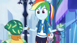 Size: 3410x1920 | Tagged: safe, screencap, fleur-de-lis, ginger owlseye, rainbow dash, equestria girls, g4, my little pony equestria girls: better together, run to break free, backpack, clothes, cute, cutie mark, cutie mark on clothes, dashabetes, female, geode of super speed, hoodie, jewelry, magical geodes, male, necklace, open mouth, smiling
