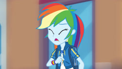 Size: 3410x1920 | Tagged: safe, screencap, rainbow dash, equestria girls, equestria girls series, g4, run to break free, spoiler:eqg series (season 2), backpack, clothes, cutie mark, cutie mark on clothes, eyes closed, female, geode of super speed, hoodie, jewelry, magical geodes, necklace, open mouth, solo