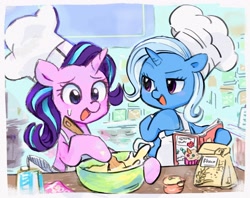 Size: 1536x1217 | Tagged: safe, artist:ch-chau, artist:osawari64, starlight glimmer, trixie, pony, unicorn, baking, chef's hat, collaboration, cooking, cute, diatrixes, duo, food, glimmerbetes, hat, smiling
