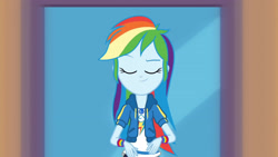 Size: 3410x1920 | Tagged: safe, screencap, rainbow dash, equestria girls, g4, my little pony equestria girls: better together, run to break free, clothes, cutie mark, cutie mark on clothes, eyes closed, female, geode of super speed, hoodie, jewelry, magical geodes, necklace, smiling, solo