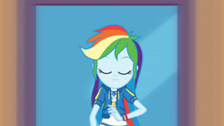 Size: 3410x1920 | Tagged: safe, screencap, rainbow dash, equestria girls, equestria girls series, g4, run to break free, spoiler:eqg series (season 2), clothes, cutie mark, cutie mark on clothes, eyes closed, female, geode of super speed, hoodie, jewelry, magical geodes, necklace, smiling, solo