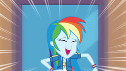Size: 3410x1920 | Tagged: safe, screencap, rainbow dash, equestria girls, equestria girls series, g4, run to break free, spoiler:eqg series (season 2), clothes, cutie mark, cutie mark on clothes, eyes closed, female, geode of super speed, hoodie, jewelry, magical geodes, necklace, open mouth, solo