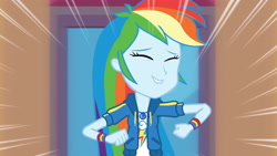 Size: 3410x1920 | Tagged: safe, screencap, rainbow dash, equestria girls, equestria girls series, g4, run to break free, spoiler:eqg series (season 2), clothes, cutie mark, cutie mark on clothes, eyes closed, female, geode of super speed, hoodie, jewelry, lip bite, magical geodes, necklace, smiling, solo