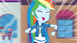 Size: 3410x1920 | Tagged: safe, screencap, rainbow dash, equestria girls, equestria girls series, g4, run to break free, spoiler:eqg series (season 2), clothes, cutie mark, cutie mark on clothes, eyes closed, female, geode of super speed, hoodie, jewelry, magical geodes, necklace, open mouth, solo