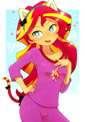 Size: 1800x2565 | Tagged: safe, artist:fuyugi, sunset shimmer, equestria girls, g4, cat ears, cat tail, catgirl, clothes, cute, cute little fangs, fake tail, fangs, looking at you, nyanset shimmer, open mouth, pajamas, shimmerbetes, solo, white pupils