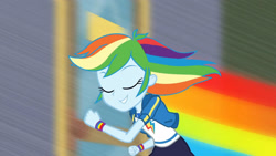 Size: 3410x1920 | Tagged: safe, screencap, rainbow dash, equestria girls, g4, my little pony equestria girls: better together, run to break free, clothes, cutie mark, cutie mark on clothes, eyes closed, female, geode of super speed, grin, high res, hoodie, jewelry, magical geodes, necklace, rainbow trail, running, smiling, solo