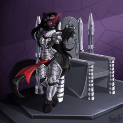 Size: 3000x3000 | Tagged: safe, artist:polarisart, king sombra, unicorn, anthro, unguligrade anthro, g4, armor, breasts, crossed arms, curvy, glowing eyes, high res, looking at you, queen umbra, rule 63, solo, thighs, throne, thunder thighs, unshorn fetlocks