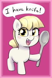 Size: 1788x2696 | Tagged: safe, artist:heretichesh, oc, oc only, earth pony, pony, blush sticker, blushing, dexterous hooves, female, filly, hoof hold, looking at you, open mouth, open smile, smiling, solo, speech bubble, spoon, talking to viewer, tooth gap, wrong