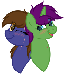 Size: 2518x2973 | Tagged: safe, artist:ponkus, oc, oc only, oc:dauntless, oc:six-shooter, pegasus, pony, unicorn, blushing, bust, couple, cute, female, high res, mare, scar, simple background, transparent background
