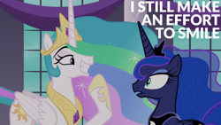 Size: 1280x720 | Tagged: safe, edit, edited screencap, editor:quoterific, screencap, princess celestia, princess luna, alicorn, pony, a royal problem, g4, season 7, crown, female, grin, jewelry, mare, open mouth, regalia, royal sisters, siblings, sisters, smiling