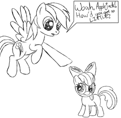 Size: 898x877 | Tagged: safe, artist:scootaloormayfly, apple bloom, rainbow dash, earth pony, pegasus, pony, friendship is witchcraft, g4, duo, duo female, female, filly, mare, monochrome, speech bubble