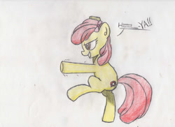 Size: 1280x930 | Tagged: safe, artist:scootaloormayfly, apple bloom, earth pony, pony, g4, colored pencil drawing, cutie mark, dialogue, female, filly, karate, martial arts, solo, standing, standing on one leg, traditional art