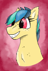 Size: 2521x3687 | Tagged: safe, artist:theenderrebel, oc, oc only, oc:apogee, pegasus, pony, bust, chest fluff, female, high res, pegasus oc, red eyes, smiling, solo, spaceponyos