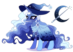 Size: 1700x1200 | Tagged: safe, artist:gihhbloonde, oc, oc only, pony, unicorn, blue eyes, cape, clothes, eyeshadow, female, hat, hood, magical lesbian spawn, makeup, mare, mouth hold, offspring, parent:princess luna, parent:trixie, parents:luxie, simple background, solo, standing, transparent background, wand, witch hat