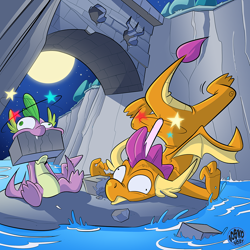 Size: 800x800 | Tagged: safe, artist:boscoloandrea, smolder, spike, dragon, g4, brick, bridge, circling stars, commission, commissioner:foxlover91, crash, derp, dizzy, dragoness, duo, female, head lump, male, moon, night, pain star, this did not end well, water, winged spike, wings