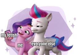 Size: 1500x1081 | Tagged: safe, edit, edited screencap, screencap, pipp petals, zipp storm, pegasus, pony, g5, caption, cellphone, cringing, duo, female, image macro, mare, phone, selfie, siblings, simple background, sisters, smartphone, text, white background