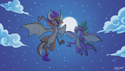 Size: 900x506 | Tagged: safe, artist:dodgyrommer, smolder, spike, dragon, g4, cloud, commission, commissioner:foxlover91, dragoness, female, flying, implied spolder, male, moon, night, singing, sky, stars, winged spike, wings