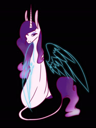 Size: 1536x2048 | Tagged: safe, artist:artfestation, oc, oc only, pony, unicorn, artificial wings, augmented, black background, female, horn, looking back, magic, magic wings, magical lesbian spawn, mare, offspring, parent:princess celestia, parent:rarity, parents:rarilestia, simple background, sitting, solo, unicorn oc, wings