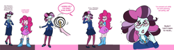 Size: 2452x705 | Tagged: safe, artist:cyanoray, pinkie pie, principal abacus cinch, equestria girls, g4, alternate hairstyle, bust, clothes, cutie mark, cutie mark on clothes, dialogue, female, glasses, mind control
