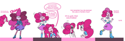 Size: 3028x1002 | Tagged: safe, artist:cyanoray, pinkie pie, principal abacus cinch, equestria girls, g4, alternate hairstyle, bust, clothes, dialogue, female, glasses, mind control, personality swap, transformation, transformation sequence, twinning