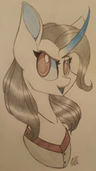 Size: 590x1049 | Tagged: safe, artist:donnie-moon, oc, oc only, oc:trixie, pony, unicorn, bust, clothes, female, horn, mare, signature, smiling, traditional art, unicorn oc