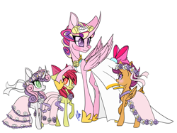 Size: 3000x2249 | Tagged: safe, artist:donnie-moon, apple bloom, princess cadance, scootaloo, sweetie belle, alicorn, earth pony, pegasus, pony, unicorn, g4, blushing, bride, clothes, curved horn, cutie mark crusaders, dress, female, filly, floral head wreath, flower, flower filly, flower girl, flower girl dress, high res, hoof shoes, horn, mare, marriage, open mouth, open smile, request, signature, simple background, smiling, wedding, wedding dress, white background, wings