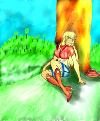 Size: 1400x1700 | Tagged: safe, artist:foxgearstudios, applejack, equestria girls, g4, boots, clothes, female, hat, high heel boots, outdoors, shoes, shorts, sitting, solo, tree