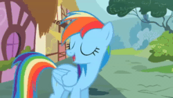 Size: 1024x576 | Tagged: safe, edit, edited screencap, editor:nicogamer3000, screencap, rainbow dash, pegasus, pony, g4, season 2, the mysterious mare do well, :t, abuse, animated, bag, blinking, dashabuse, eyes closed, female, floppy ears, folded wings, hoof on chest, hooves, house, index get, loop, mare, meme, offscreen character, ouch, outdoors, ponyville, smiling, sound, standing, super smash bros., super smash bros. ultimate, tail, talking, tree, webm, wings