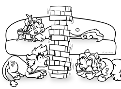 Size: 1500x1100 | Tagged: safe, artist:pink-pone, oc, oc only, oc:ginger bread, kirin, pony, female, jenga, mare, monochrome