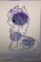 Size: 640x960 | Tagged: safe, artist:milledpurple, oc, oc only, pegasus, pony, floral head wreath, flower, jewelry, lineart, necklace, pegasus oc, sitting, smiling, solo, wings