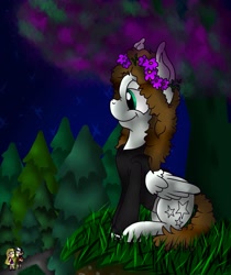 Size: 1723x2048 | Tagged: safe, artist:milledpurple, oc, human, pegasus, pony, clothes, dipper pines, female, gravity falls, male, mare, night, outdoors, pacifica northwest, pegasus oc, smiling, stars, tree, wings