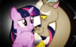 Size: 540x340 | Tagged: safe, edit, edited screencap, screencap, discord, twilight sparkle, draconequus, pony, unicorn, g4, female, fimfiction, lighting, looking at each other, male, mare, raised hoof, ship:discolight, shipping, story included, straight, unicorn twilight