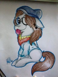 Size: 720x960 | Tagged: safe, artist:milledpurple, oc, oc only, pegasus, pony, :p, female, glasses, hat, hipster, mare, neckerchief, pegasus oc, signature, sitting, solo, tongue out, traditional art