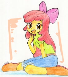 Size: 1407x1590 | Tagged: safe, artist:fuyugi, apple bloom, equestria girls, g4, adorabloom, belt, blushing, boots, bow, clothes, cute, hair bow, jeans, looking at you, pants, shirt, shoes, solo, traditional art