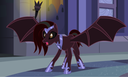 Size: 1920x1156 | Tagged: safe, artist:aonairfaol, oc, oc only, oc:black dahlia, bat pony, pony, bat pony oc, bat wings, black sclera, hoof shoes, indoors, magical parthenogenic spawn, offspring, open mouth, parent:princess luna, peytral, solo, spread wings, wings