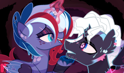 Size: 1440x854 | Tagged: safe, artist:khimi-chan, oc, oc only, alicorn, pony, abstract background, alicorn oc, base used, bedroom eyes, bust, disguise, disguised changeling, female, femdom, horn, makeup, male, malesub, mare, oc x oc, shipping, stallion, story included, submissive, wings