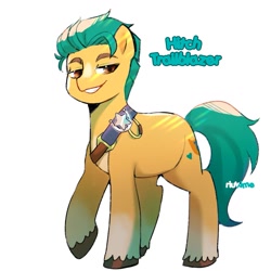 Size: 1263x1263 | Tagged: safe, artist:riukime, hitch trailblazer, earth pony, pony, g5, brown eyes, gradient hooves, looking at you, male, simple background, smiling, smiling at you, solo, stallion, unshorn fetlocks, white background