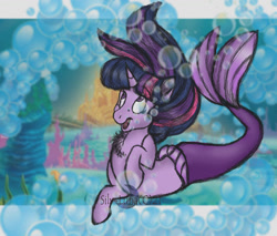 Size: 1280x1090 | Tagged: safe, artist:silverlunars, twilight sparkle, merpony, pony, seapony (g4), unicorn, g4, bubble, chest fluff, coral, digital art, female, fish tail, flowing mane, flowing tail, horn, looking up, mermaid tail, open mouth, purple eyes, seaponified, seapony twilight, seaweed, smiling, solo, species swap, tail, underwater, water
